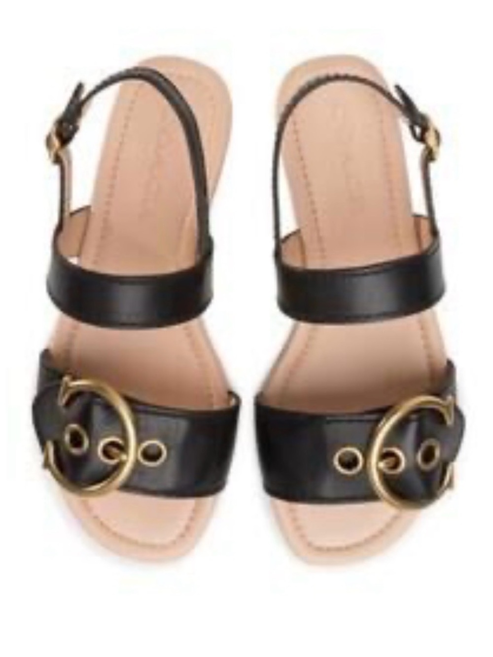 Coach Jen  Black Leather Slingback Sandals with Gold Ring Detail